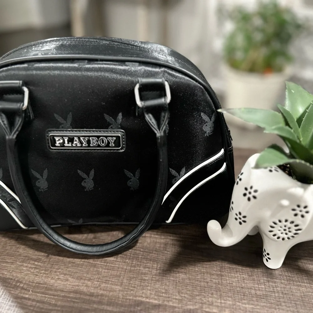 PLAYBOY Black Dome Satchel with White Piping - Picture 2 of 12